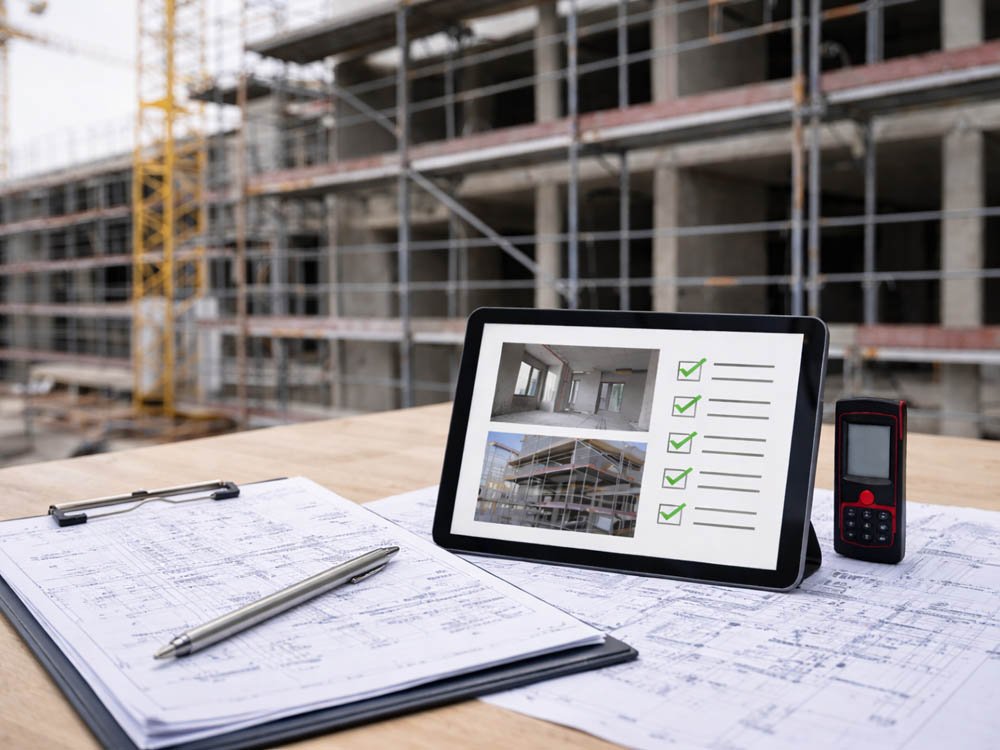 Baustelle mit Baupl&auml;nen, Tablet-Checkliste und Messger&auml;t – Bau&uuml;berwachung und Baustellenkontrollen vor Ort